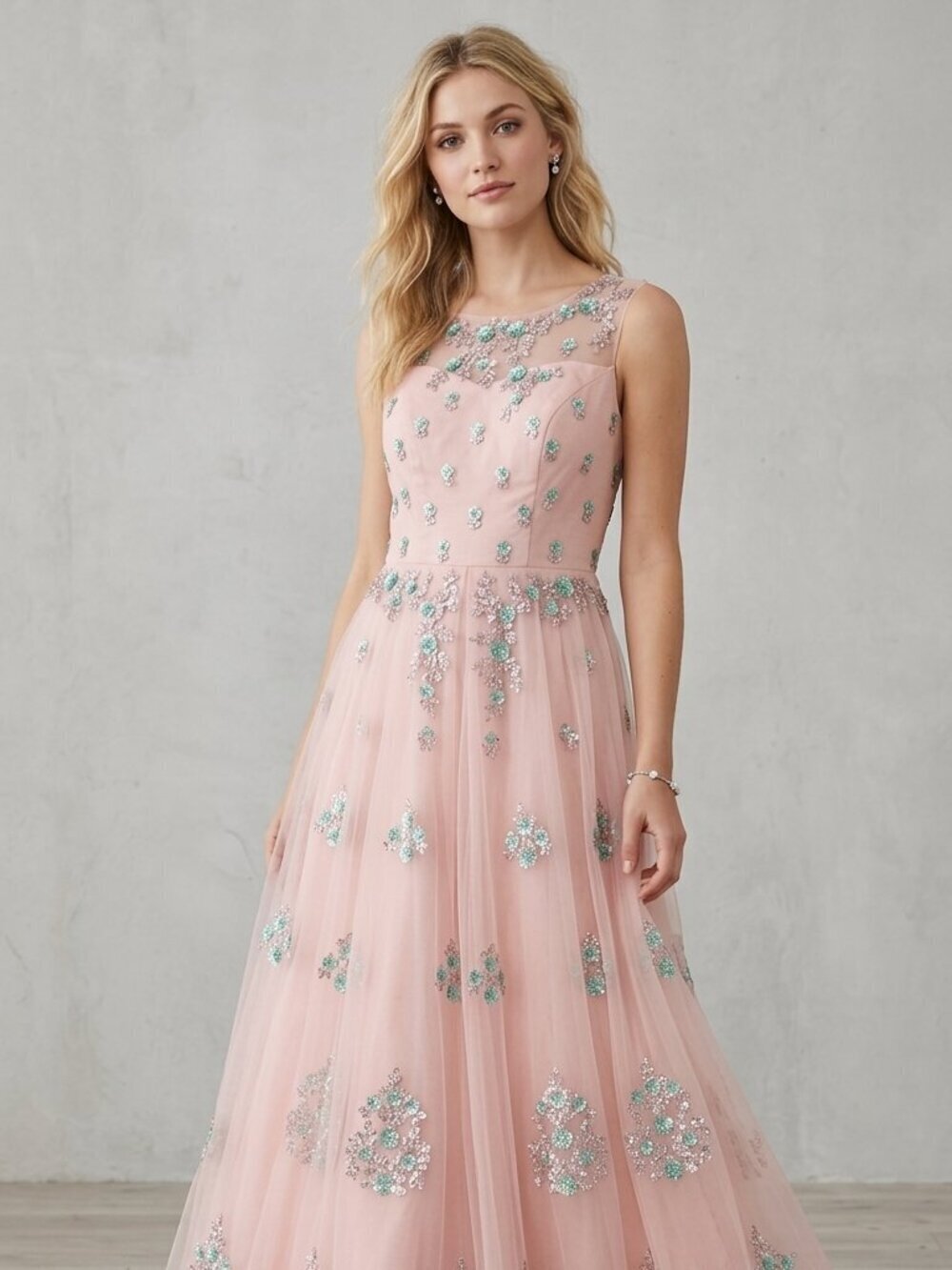 Pink Tulle Sleeveless Long Dress Gown 0 XS Illusion Neckline Floral Embellished